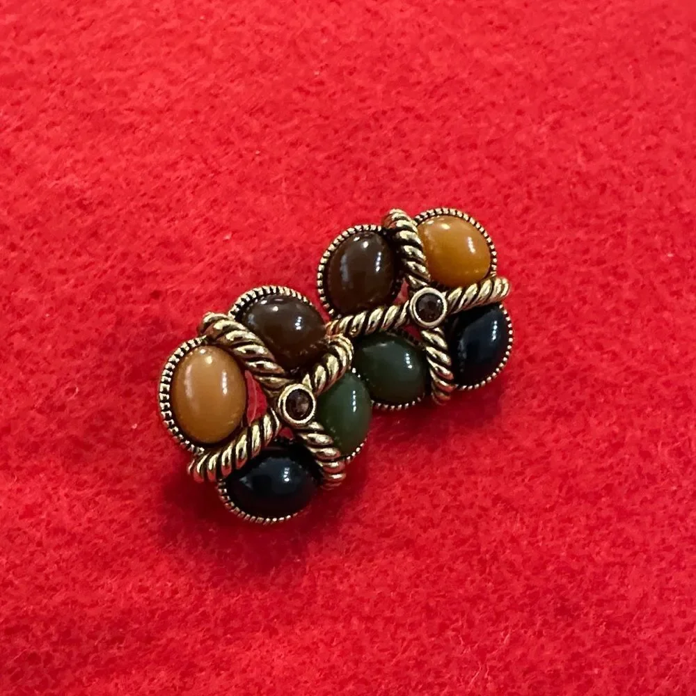 Joan Rivers Vintage Stamped Gold Braided Elegant Multicolor Stone Earrings